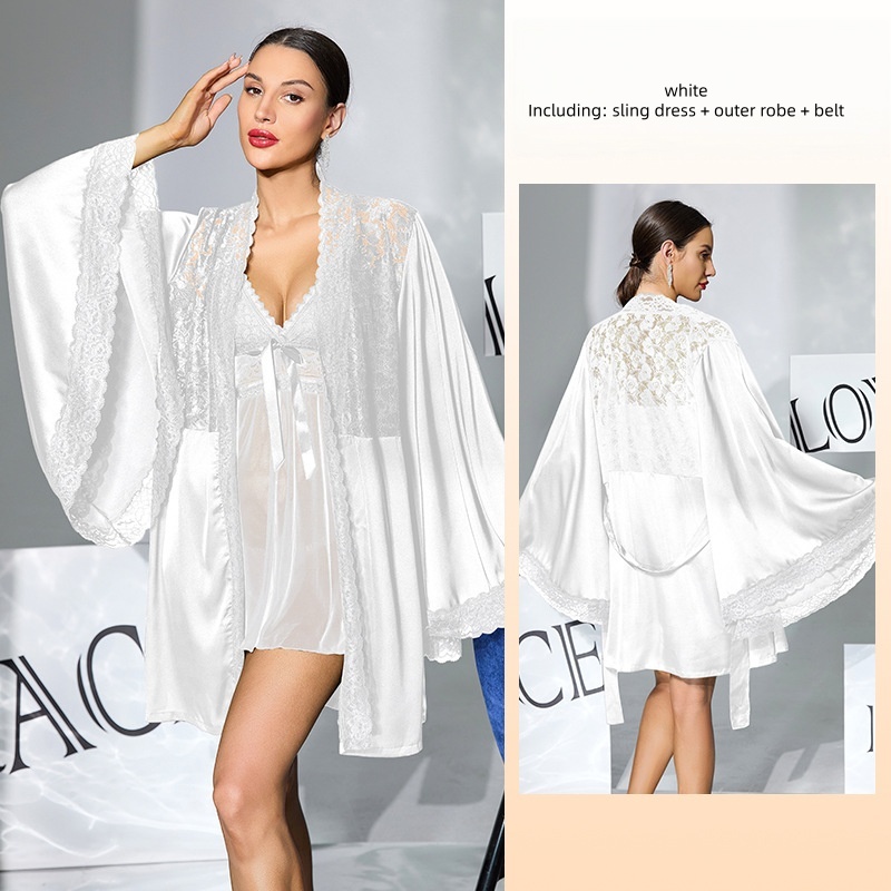 Womens Satin Lace Robe and Babydoll Nightgown Set - Sensual Chemise Sleepwear